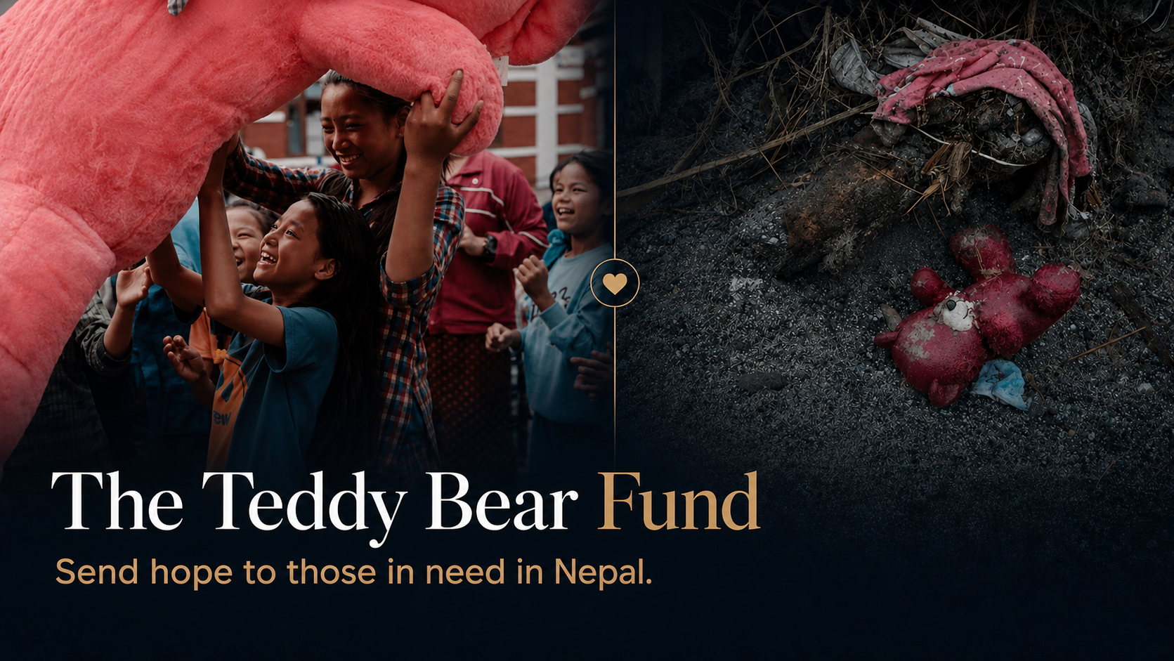 The Teddy Bear Fund — girls carrying a giant pink teddy bear beside the same kind of bear left in flood silt